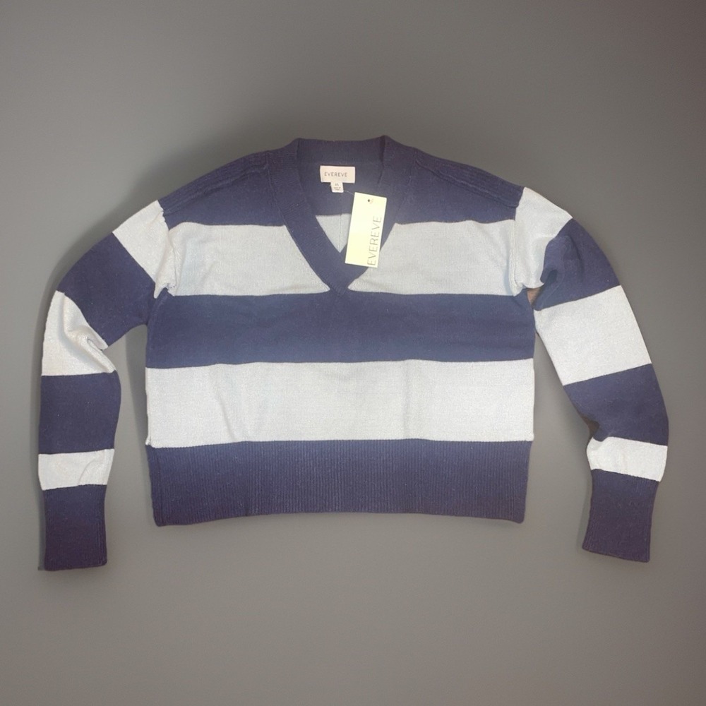 Evereve NWT Blue And White Striped V-Neck Long Sleeve Sweater - Womens Size XS